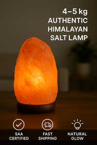 Authentic 4–5 kg Himalayan salt lamp glowing warmly on a wooden table with SAA certified, fast shipping, and natural glow icons – perfect for home wellness and decor.

