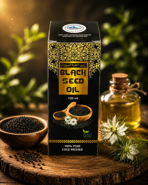 Pure Natural Black Seed Oil 120ml with Nigella Sativa seeds displayed on a natural wooden surface by Crystal Mines Australia