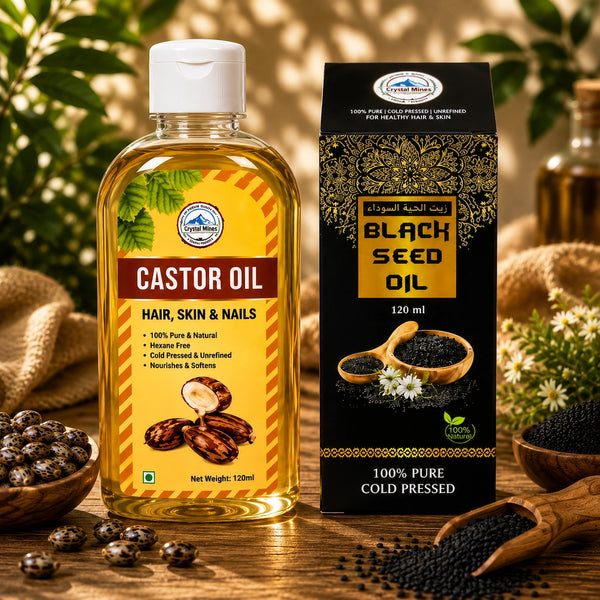 Black Seed Oil 120ml & Castor Oil 250ml Bundle Pack by Crystal Mines Australia
