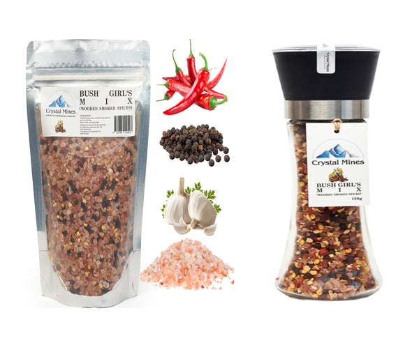Bush Girl Smoked Garlic Chilli Black Pepper & Pink Salt Mix + Refill Bundle Pack by Crystal Mines Australia