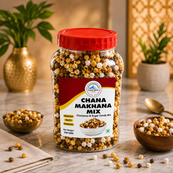 Channa Makhana (Roasted Chickpeas & sugar candy) 500g front and back packaging by Crystal Mines Australia