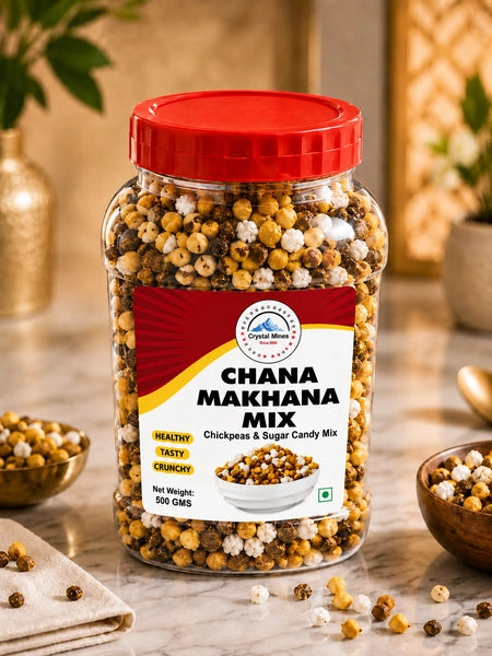 Channa Makhana (Roasted Chickpeas & sugar candy) 500g front and back packaging by Crystal Mines Australia