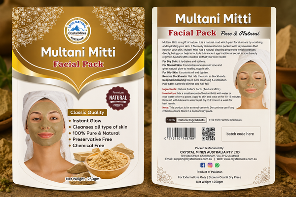 Pure Multani Mitti Facial Pack front and back packaging design by Crystal Mines Australia showing premium natural skincare product with Fuller's Earth, usage instructions, and product information.