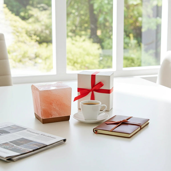 Cube Shaped Himalayan Salt Lamp creating a warm ambient glow in a modern home interior by Crystal Mines Australia.