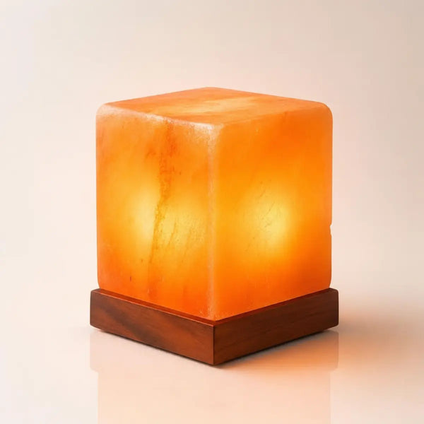 Cube Shaped Himalayan Salt Lamp handcrafted from authentic Himalayan pink rock salt on a premium wooden base by Crystal Mines Australia.