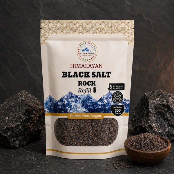 Himalayan Black Salt Rock Refill 300g pouch with Crystal Mines monogram, coarse salt granules and complete original label