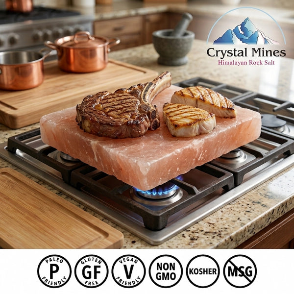 Premium Himalayan Salt Slab cooking a juicy steak on a BBQ grill with grilled vegetables, showcasing authentic Himalayan pink rock salt from Crystal Mines Australia.