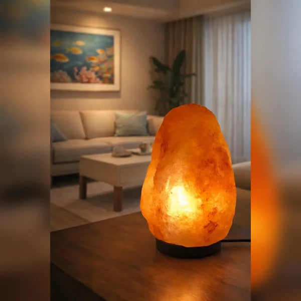 Himalayan Rock Salt Lamp 3–4kg Approx glowing on a wooden table in a modern living room by Crystal Mines Australia.