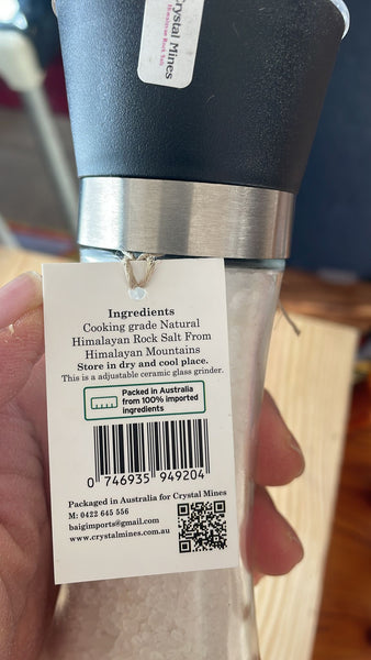 Himalayan White Coarse Salt Grinder  back packaging by Crystal Mines Australia