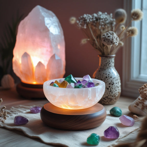 LED Crystal Light Base illuminating a crystal bowl with natural crystals and Himalayan Salt Lamp by Crystal Mines Australia