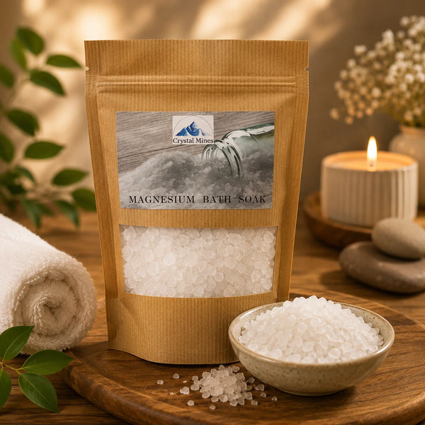Premium Magnesium Bath Flakes 2kg by Crystal Mines Australia for relaxing bath soaks, foot soaks, muscle recovery and skin wellness.