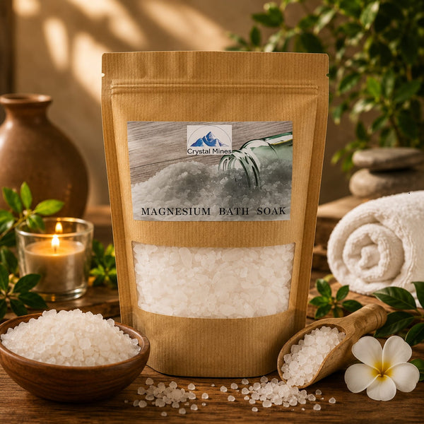 Magnesium Chloride Flakes 1kg by Crystal Mines Australia for relaxing bath soaks, foot soaks and home spa treatments.