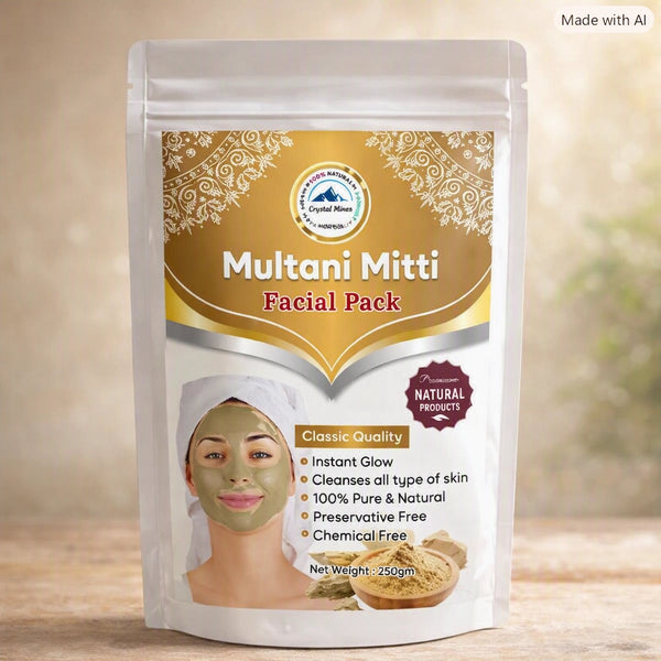Pure Multani Mitti Facial Pack by Crystal Mines Australia displayed in a premium stand-up pouch with natural clay powder, spa-inspired background, and skincare beauty presentation.
