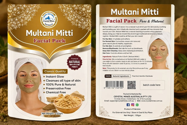 Pure Multani Mitti Facial Pack front and back packaging design by Crystal Mines Australia showing premium natural skincare product with Fuller's Earth, usage instructions, and product information.