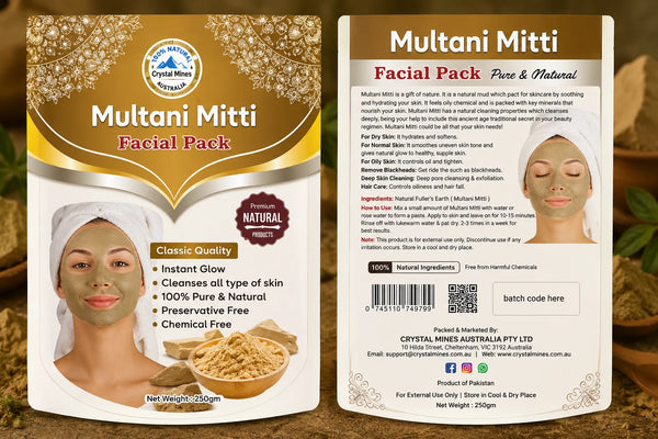 Pure Multani Mitti Facial Pack front and back packaging design by Crystal Mines Australia showing premium natural skincare product with Fuller's Earth, usage instructions, and product information.