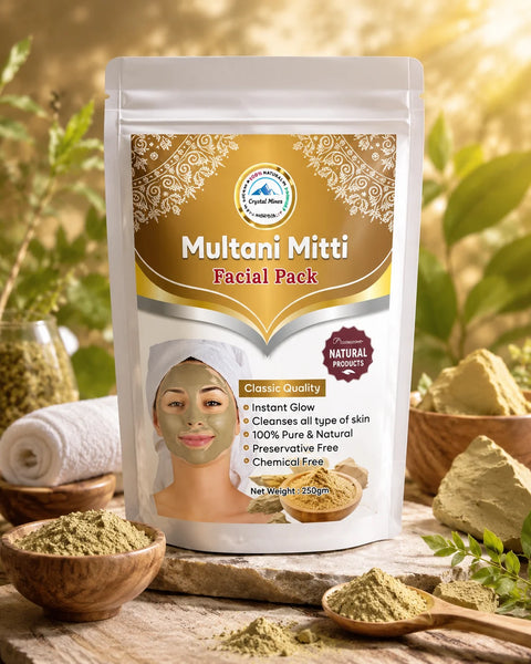 Pure Multani Mitti Facial Pack by Crystal Mines Australia displayed in a premium stand-up pouch with natural clay powder, spa-inspired background, and skincare beauty presentation.