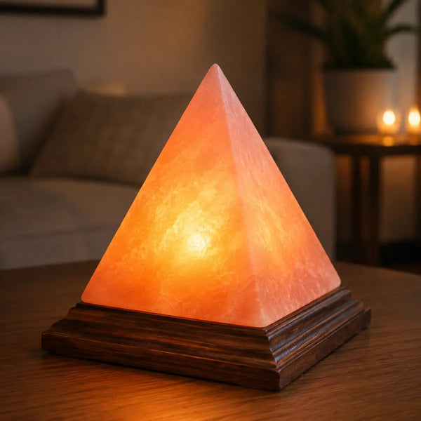 Pyramid Shaped Himalayan Pink Salt Lamp with Wooden Base by Crystal Mines Australia