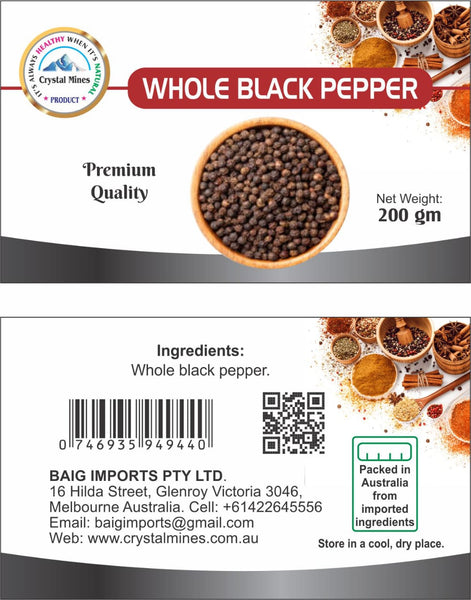 Whole Black Pepper 200g lable by Crystal Mines Australia