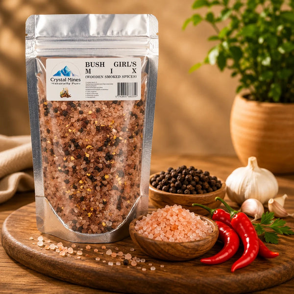 Bush Girl Smoked Garlic Chilli Black Pepper & Pink Salt Mix 350g – Premium Smoked Himalayan Pink Salt Blend with Garlic, Chilli and Black Pepper by Crystal Mines Australia