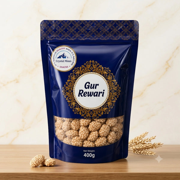 Gur Rewari 400g served in a bowl with sesame seeds and jaggery for a traditional crunchy snack by crystal mines Australia