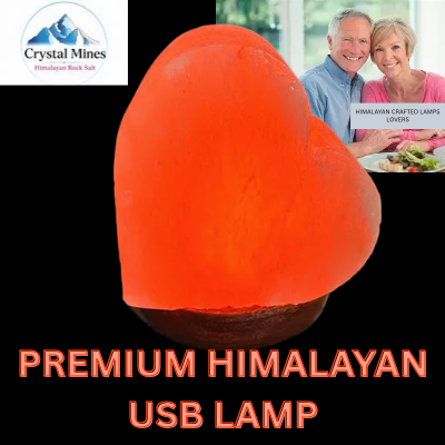 hand carved rock salt heart lamp with USB cord and timber base BY CRYSTAL MINES AUSTRALIA
