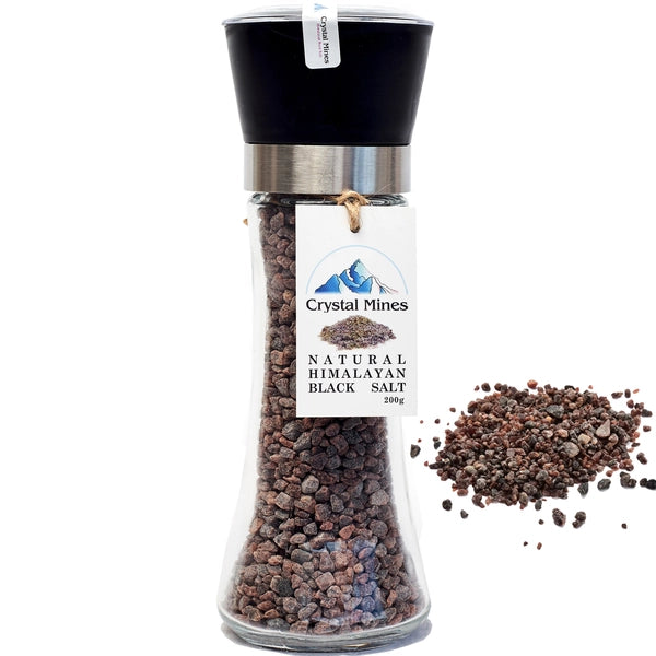 Himalayan Black Salt glass Grinder (Kala Namak) with adjustable ceramic grinder by Crystal Mines Australia.