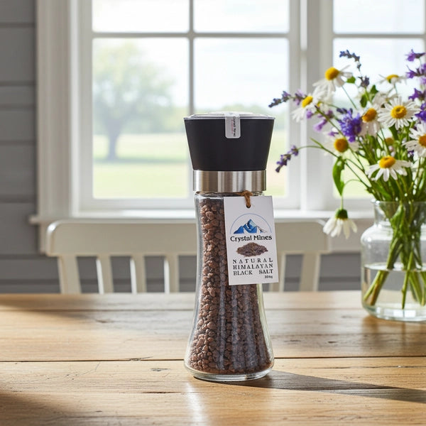 Himalayan Black Salt Grinder 380g (Kala Namak) with adjustable ceramic grinder by Crystal Mines Australia.