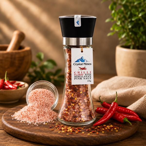 Himalayan Chilli Salt Grinder 380g with adjustable ceramic grinder by Crystal Mines Australia.