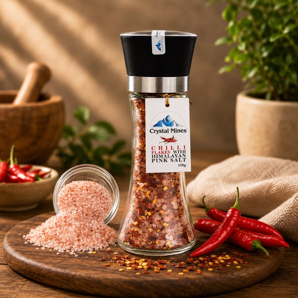 Himalayan Chilli Salt Grinder 380g with adjustable ceramic grinder by Crystal Mines Australia.