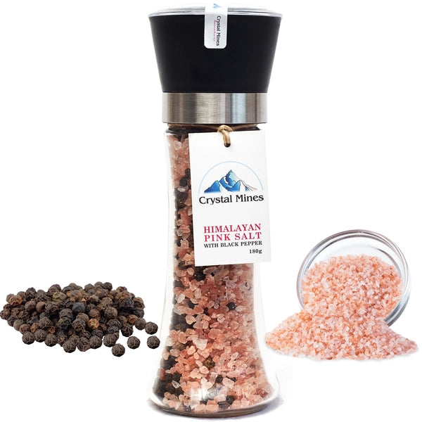 Himalayan Pink Salt and Black Pepper Grinder glass with adjustable ceramic grinder by Crystal Mines Australia.