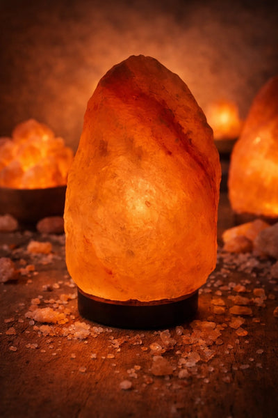 Close-up of a Natural Himalayan Salt Lamp 2–3kg Approx with warm amber glow on a wooden base | Crystal Mines Australia