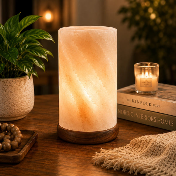 Himalayan White Salt Cylinder Shaped Lamp – Natural Handcrafted White Himalayan Salt Lamp with Wooden Base by Crystal Mines Australia