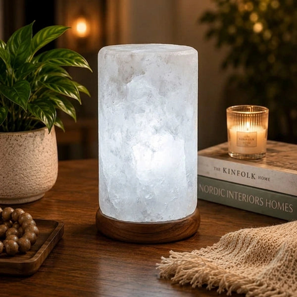 Himalayan White Salt Cylinder Shaped Lamp – Natural Handcrafted White Himalayan Salt Lamp with Wooden Base by Crystal Mines Australia