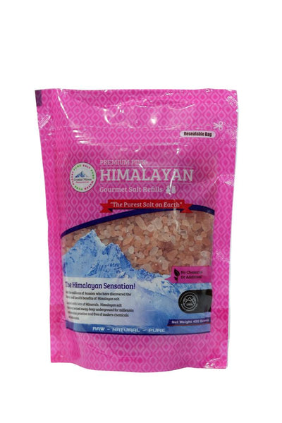 Natural Himalayan Pink Rock Salt Refills 450g premium hand-mined Himalayan salt by Crystal Mines Australia.