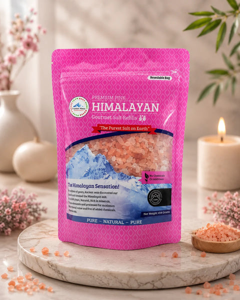 Natural Himalayan Pink Rock Salt Refills 450gm premium hand-mined Himalayan salt by Crystal Mines Australia.