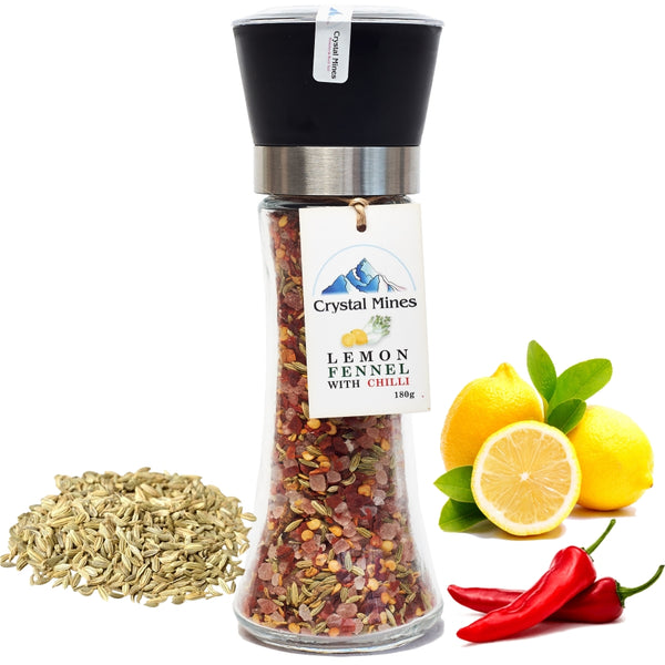Himalayan Lemon Fennel Chili Salt Grinder with adjustable ceramic grinder by Crystal Mines Australia.