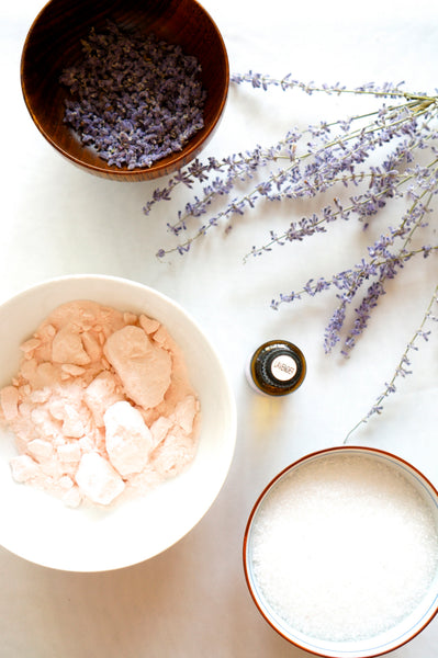 Himalayan Pink Bath Salt with Lavender Essential Oil in ceramic bowl for relaxing spa bath by Crystal Mines Australia.