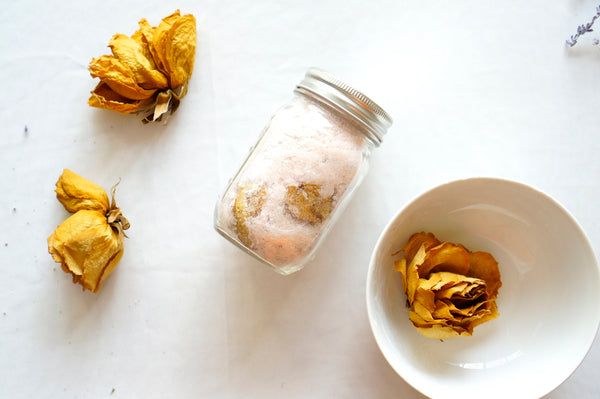 Himalayan Salt and Lavender Bath Soak with lavender flowers for stress relief by Crystal Mines Australia.