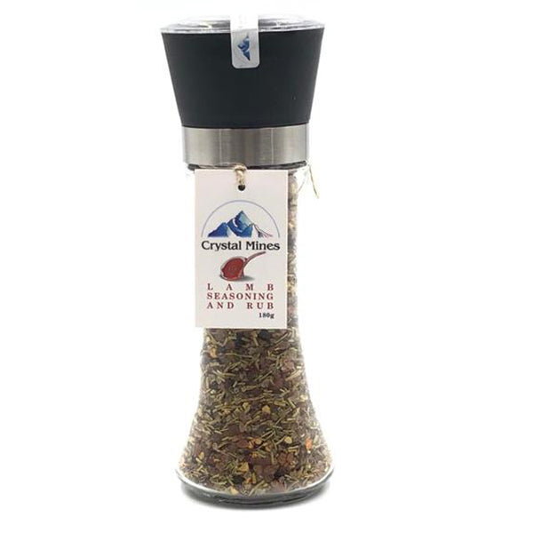 Premium Lamb Seasoning & Rub Salt with smoked Himalayan rock salt, garlic, chili, rosemary and mint closeup by Crystal Mines Australia.