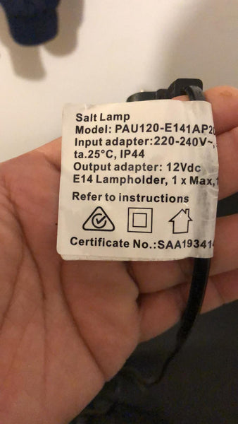 Product specification label and electrical details for the Pyramid Shaped Himalayan Salt Lamp by Crystal Mines Australia.