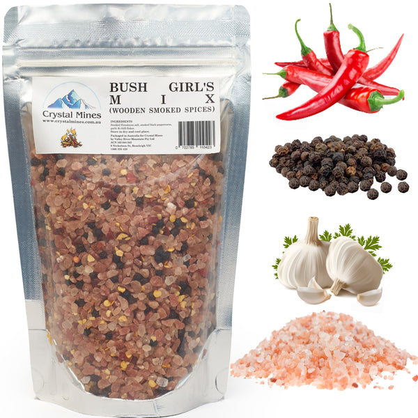 Bush Girl Smoked Garlic Chilli Black Pepper & Pink Salt Mix 350g premium gourmet seasoning by Crystal Mines Australia.