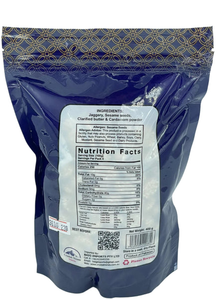 Gur Rewari 400g pouch by Crystal Mines Australia made with sesame seeds and natural jaggery nutrition