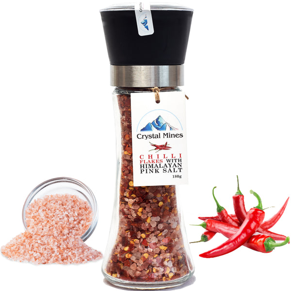 Himalayan Chilli Salt Grinder 380g with adjustable ceramic grinder by Crystal Mines Australia.