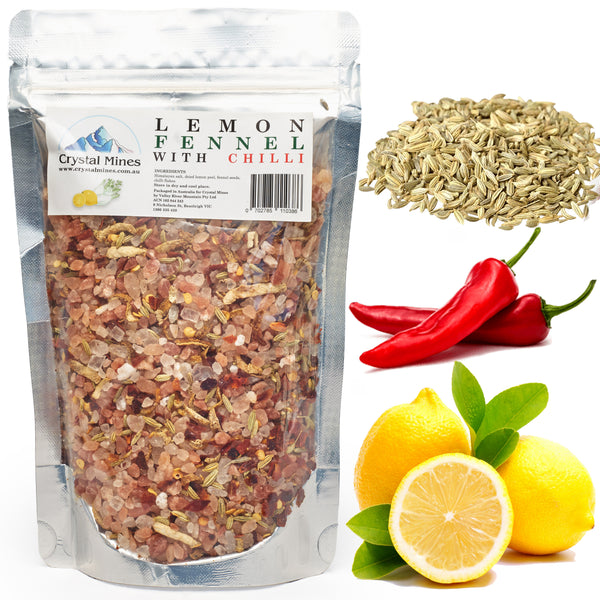 Himalayan Lemon Fennel Chili Salt Refill 350g premium gourmet seasoning by Crystal Mines Australia.