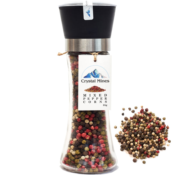 Mixed Peppercorns glass Grinder with premium whole pepper blend and ceramic grinder by Crystal Mines Australia.