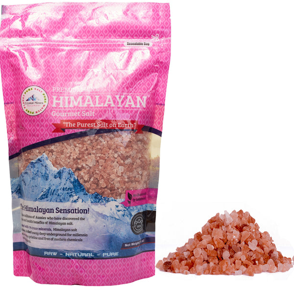 Purest Himalayan Premium Pink Rock Salt 1kg natural food grade rock salt by Crystal Mines Australia.